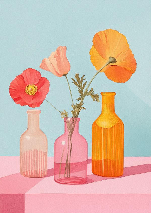 Pastel Still Life of Vases and Flowers