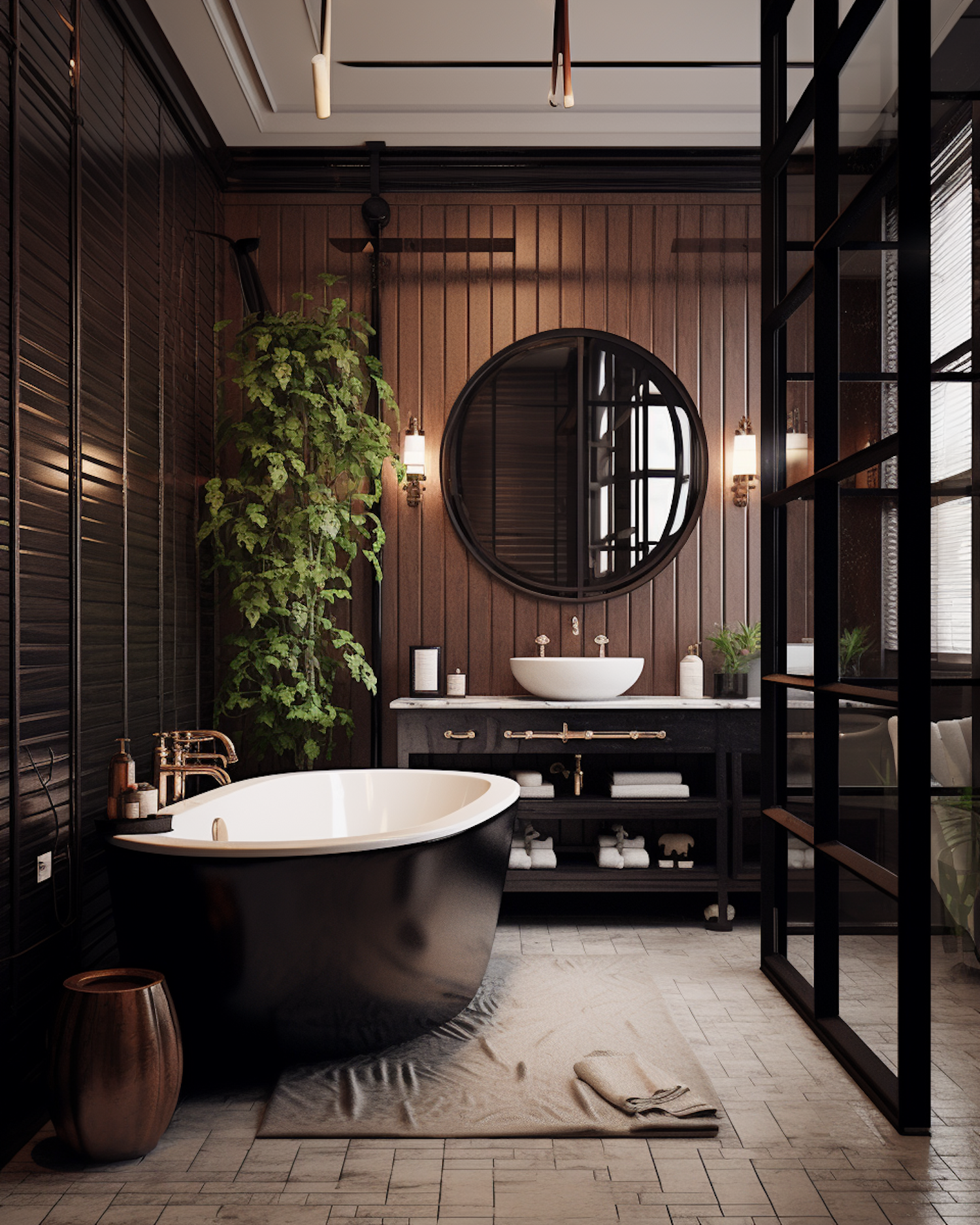 Modern Opulence: A Luxurious Bathroom with Warm Tones and Striking Accents