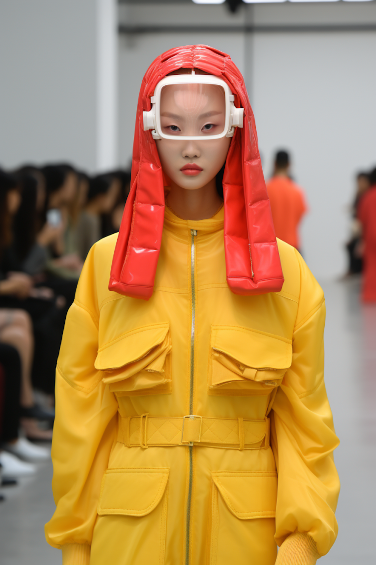 Sunshine Yellow Avant-Garde Runway Model with Red Hood and White Headphones