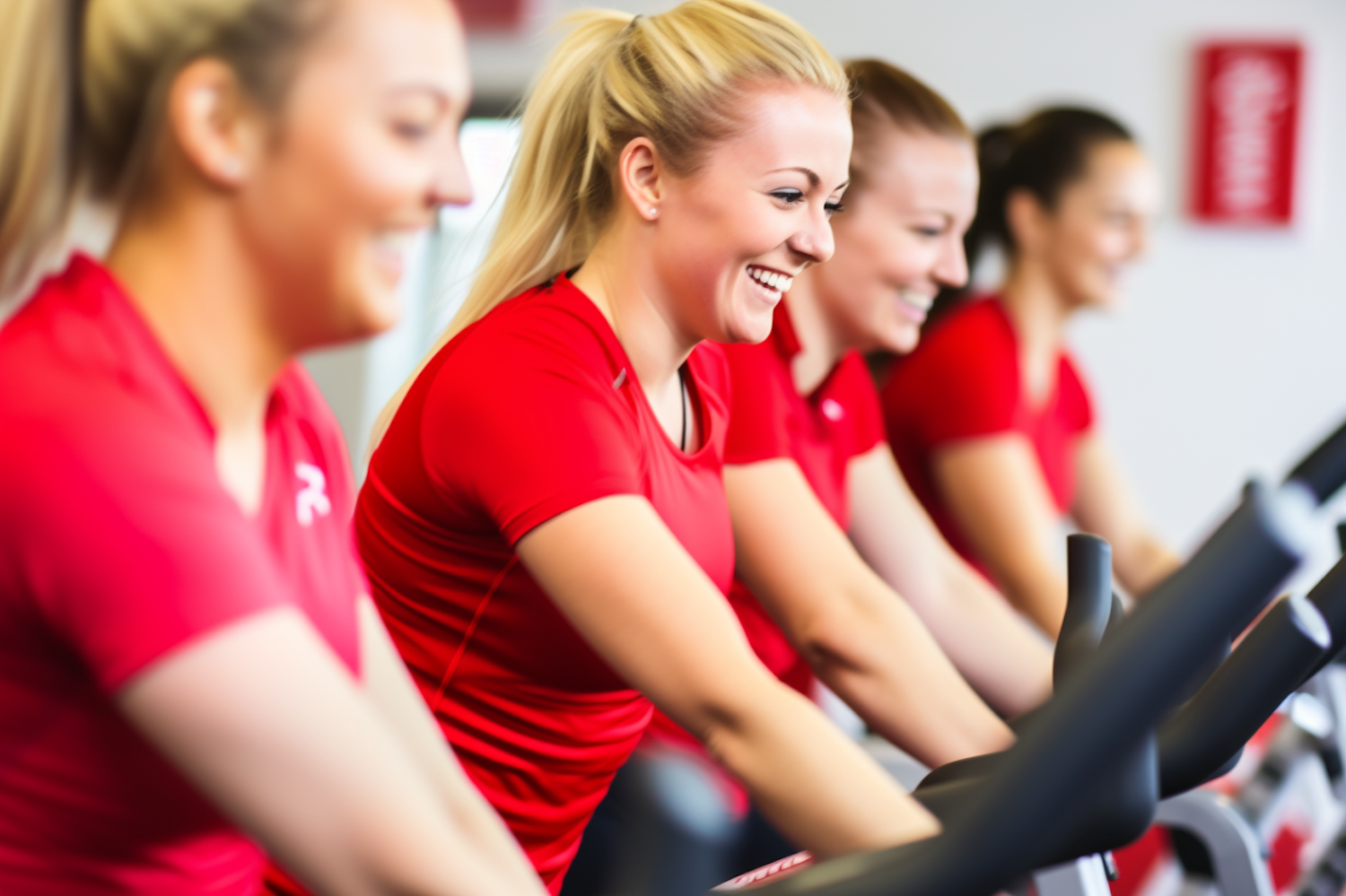 Energetic Fitness Class with Smiling Woman in Red