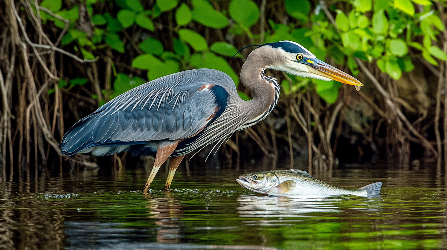 Heron and Fish in Natural Habitat