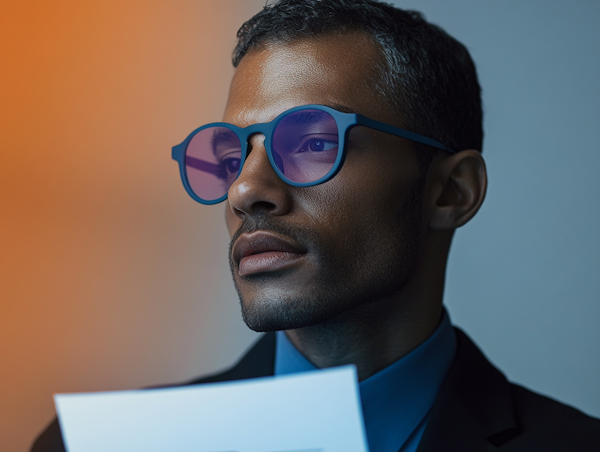 Contemplative Man in Blue-Tinted Glasses