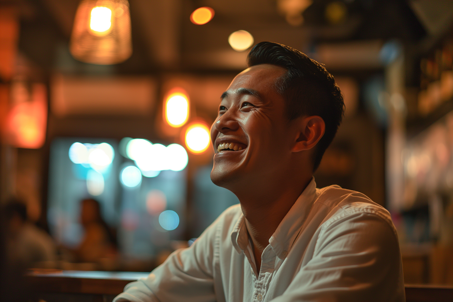 Radiant Joy: Asian Man with a Genuine Smile in Golden Light