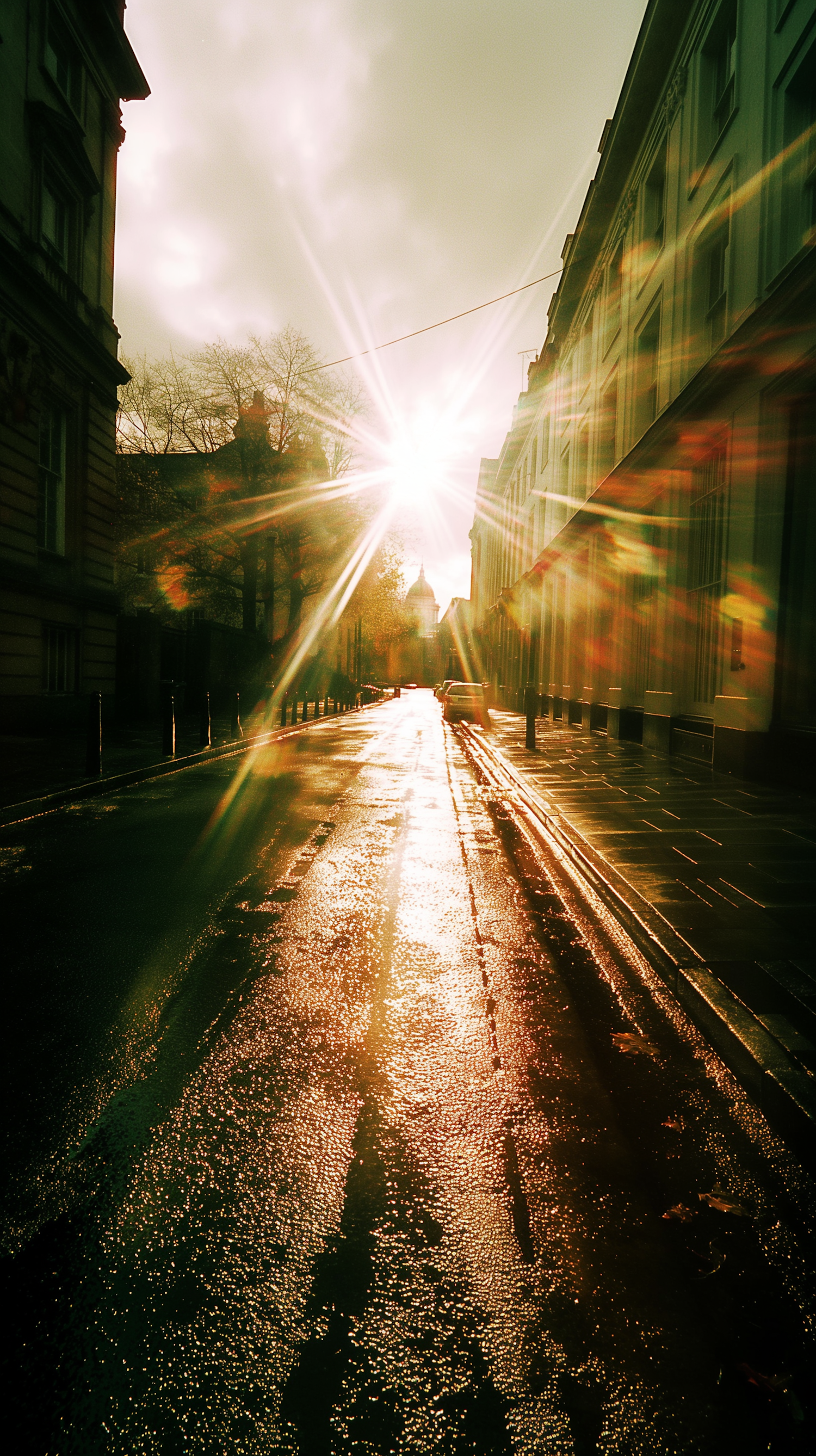 Sunlit Wet Street Scene at Sunrise/Sunset