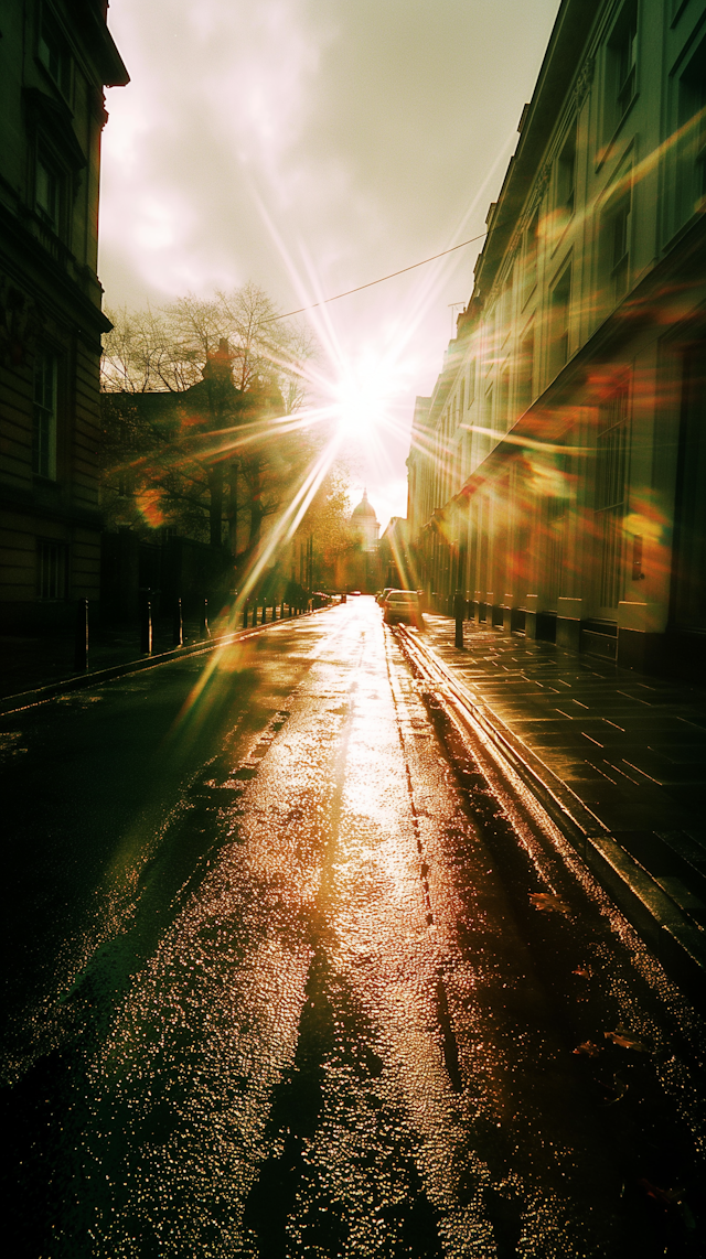 Sunlit Wet Street Scene at Sunrise/Sunset