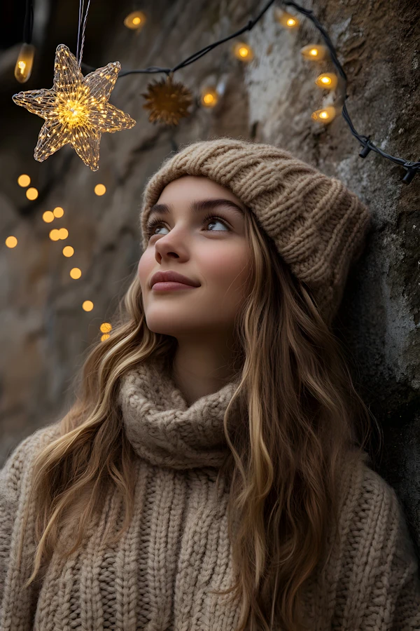 Serene Woman with Festive Lights