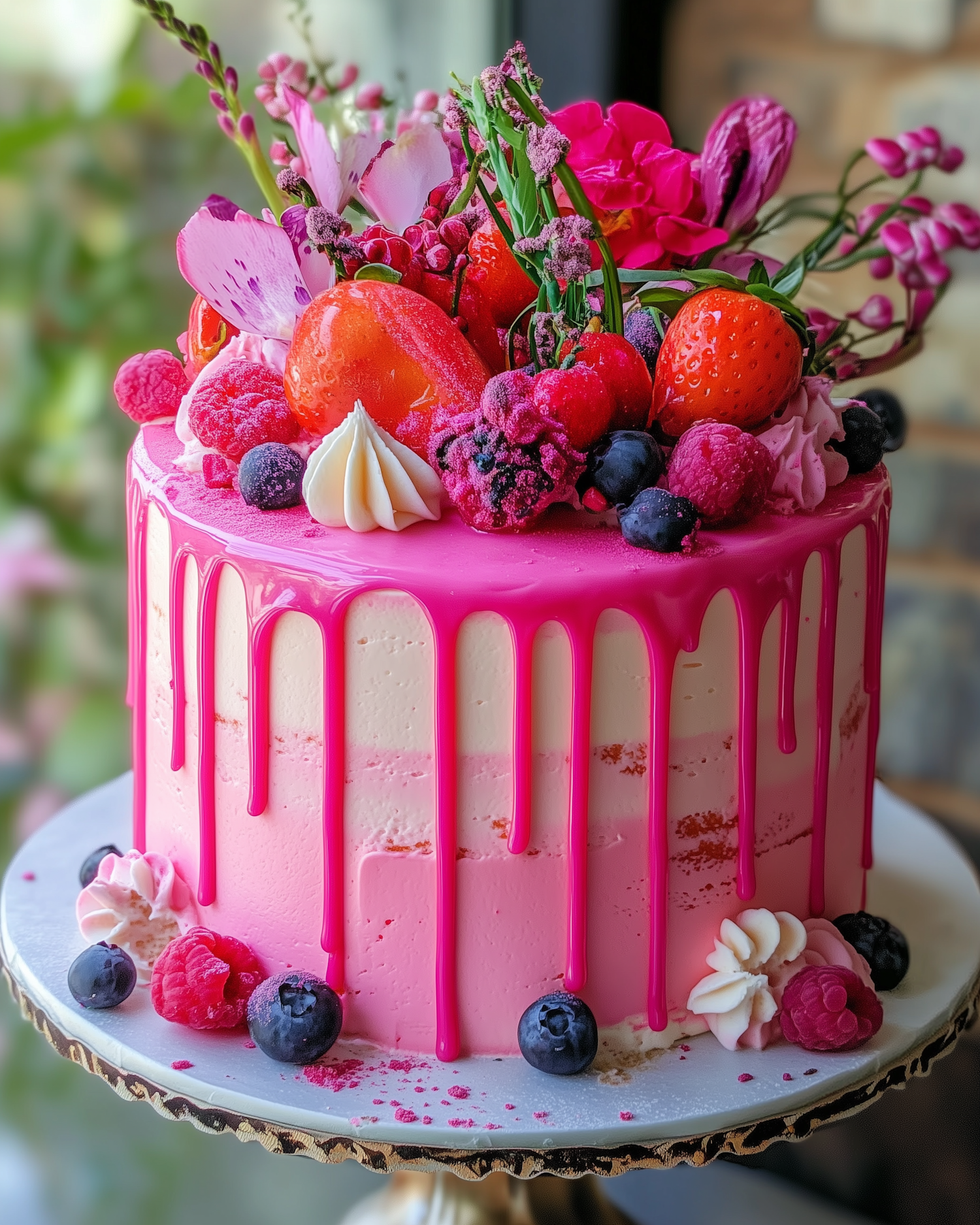 Vibrant Pink Drip Cake with Fruits and Flowers