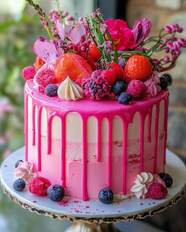 Vibrant Pink Drip Cake with Fruits and Flowers