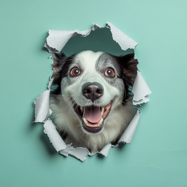 Cheerful Dog Through Torn Paper