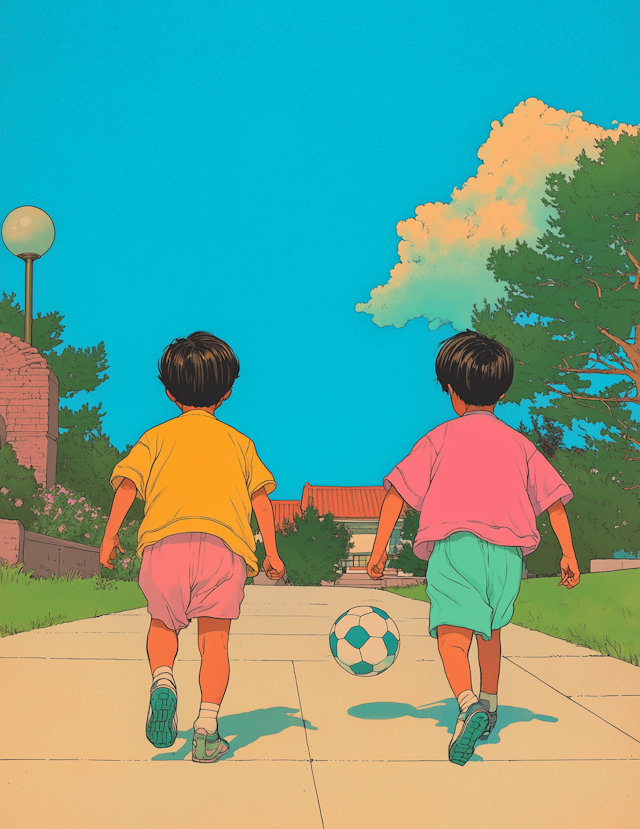 Children Walking on Path with Soccer Ball