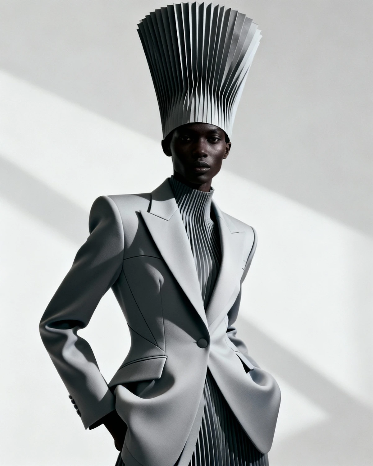 A model in a pleated gray suit and avant-garde headpiece, dramatic lighting