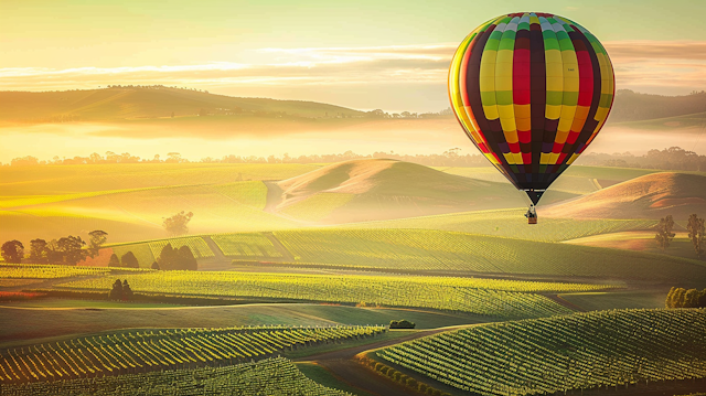 Hot Air Balloon Over Vineyard