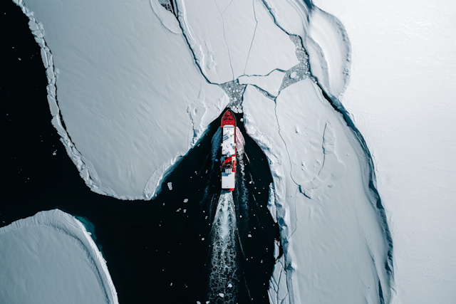 Red Ship in Icy Waters