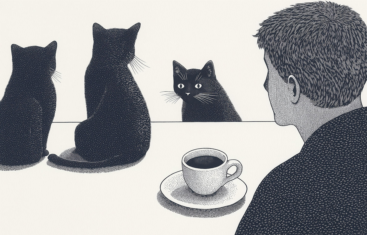 Monochrome Illustration of Boy and Black Cats