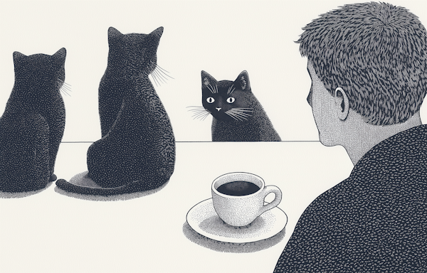 Monochrome Illustration of Boy and Black Cats