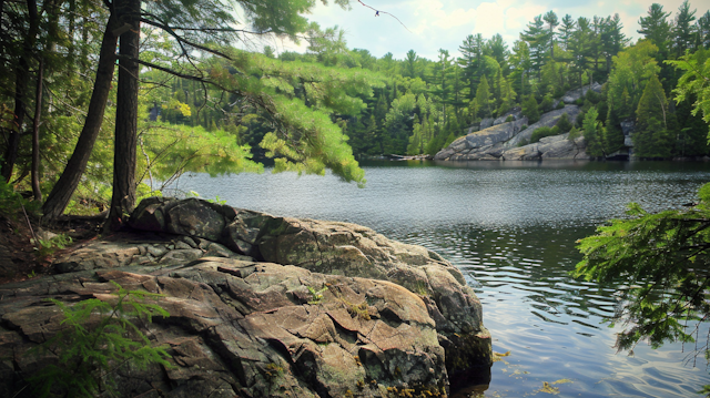 Serene Lakeside View with Rocky Shoreline