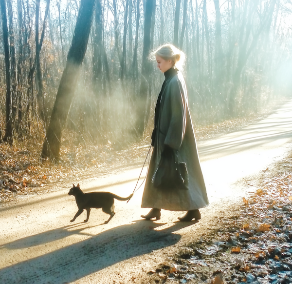 Woman Walking Cat in Sunlit Forest