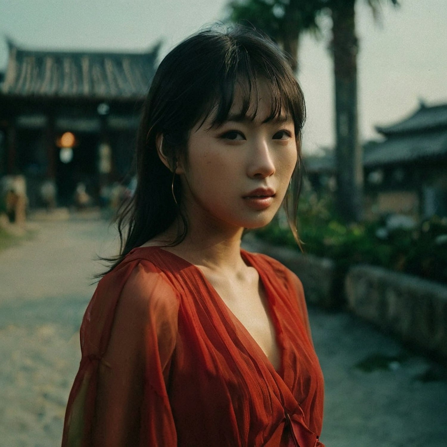 Contemplative Woman in Red Dress