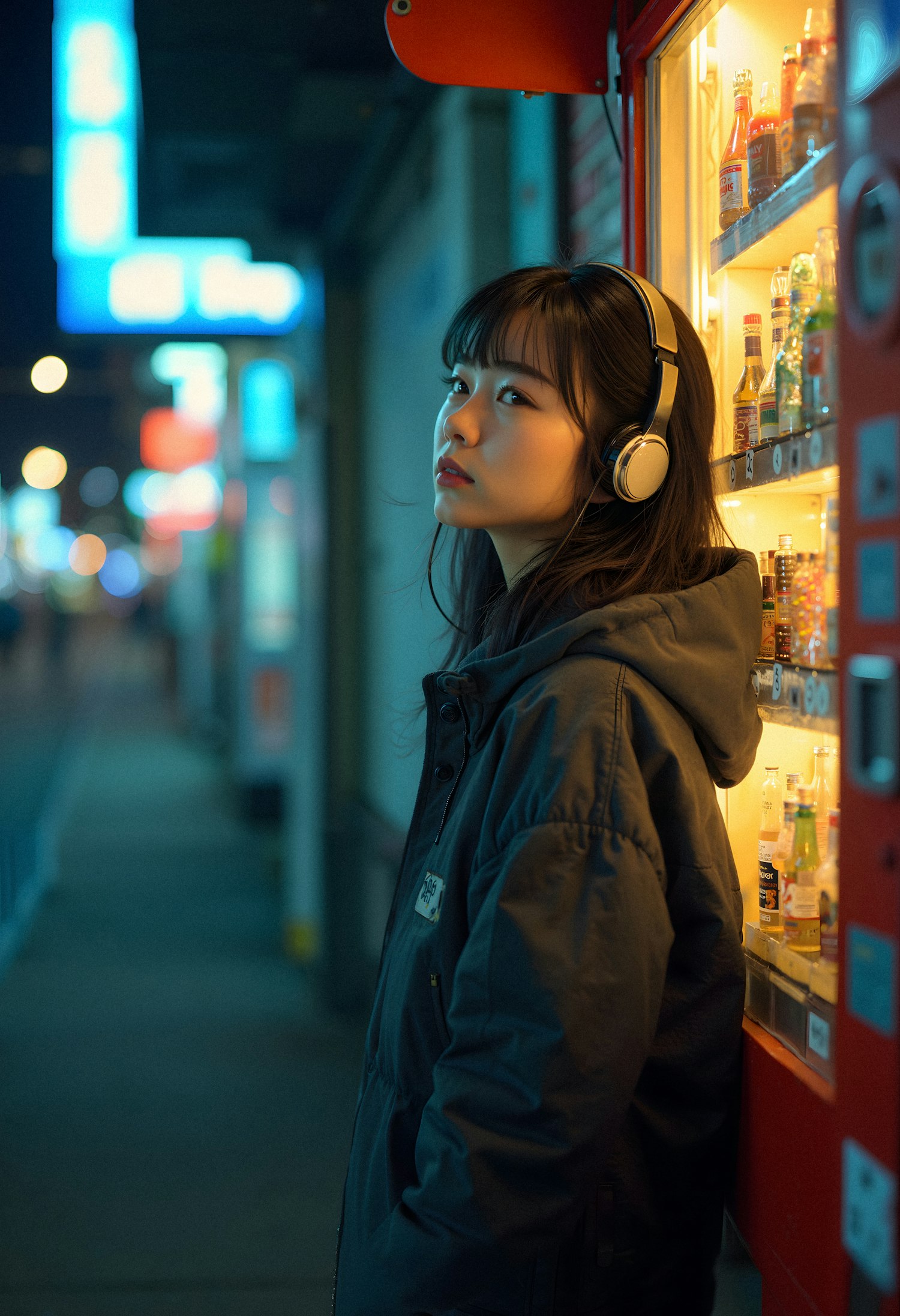 Contemplative Woman at Night with Urban Lighting