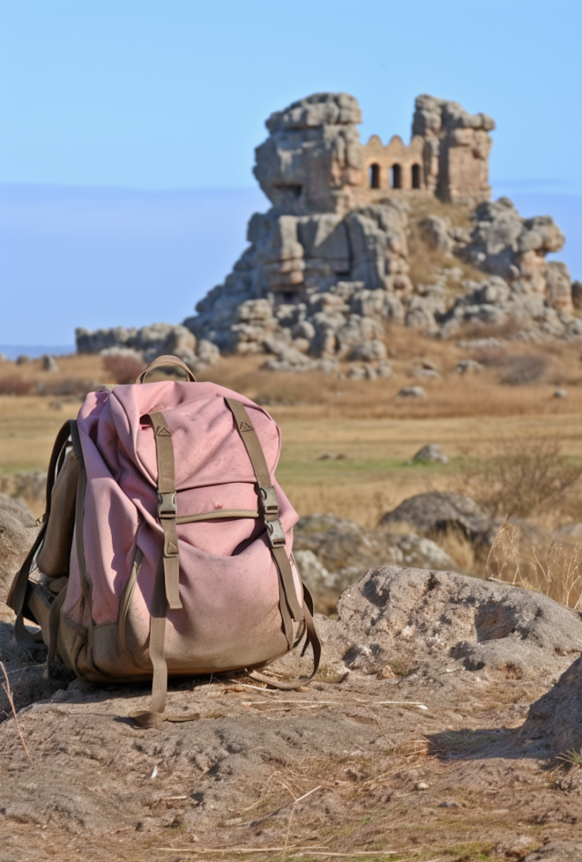 Vintage Backpack at Ancient Ruins