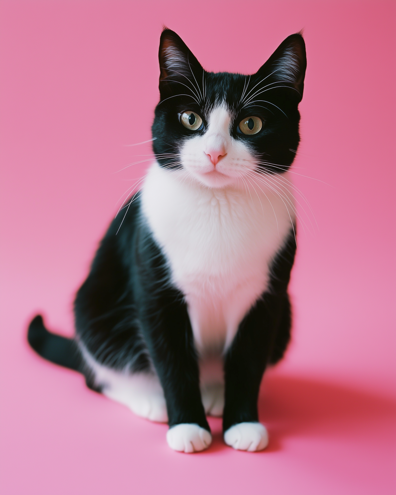 Black and White Cat on Pink Background