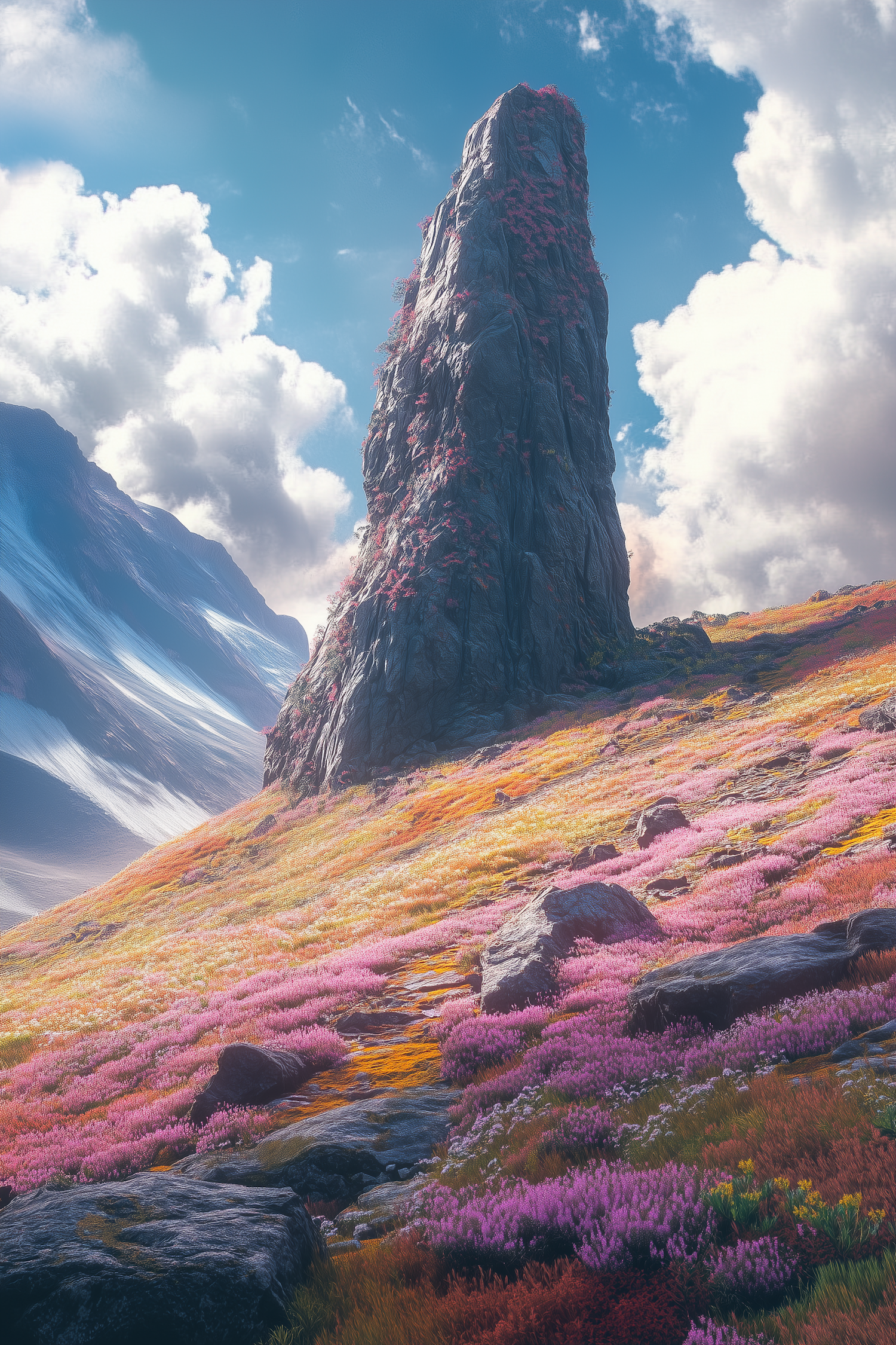 Majestic Rock Formation in Blooming Meadow