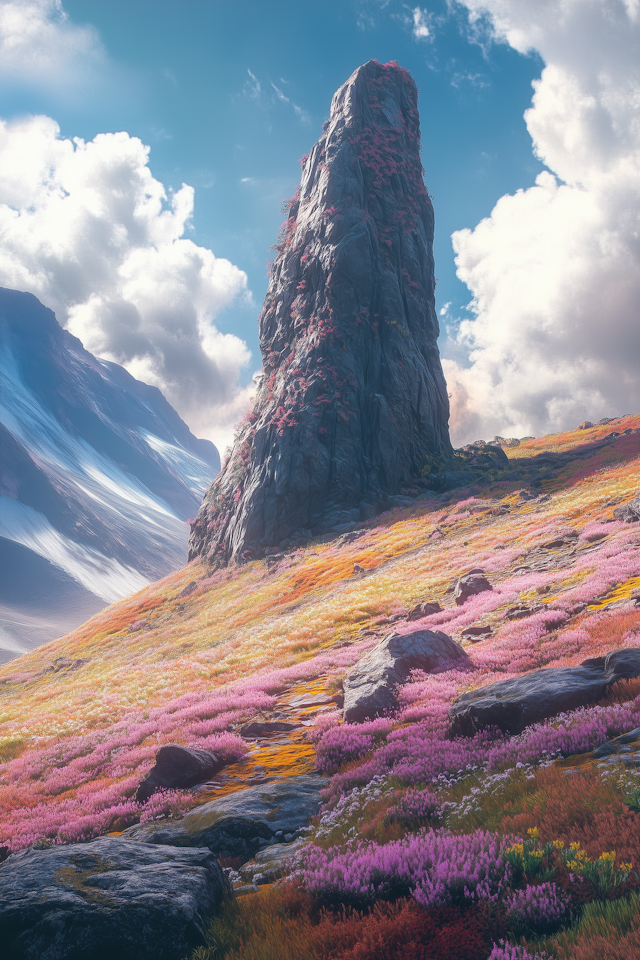 Majestic Rock Formation in Blooming Meadow