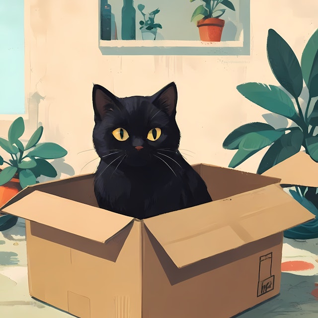 Curious Black Cat in a Box