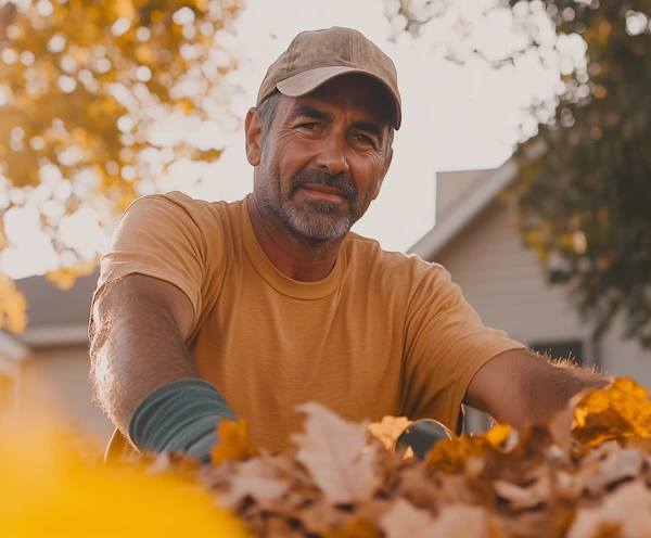Man Raking Leaves in Autumn
