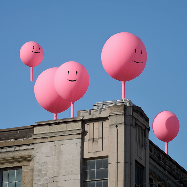 Joyful Pink Balloon Faces on Building