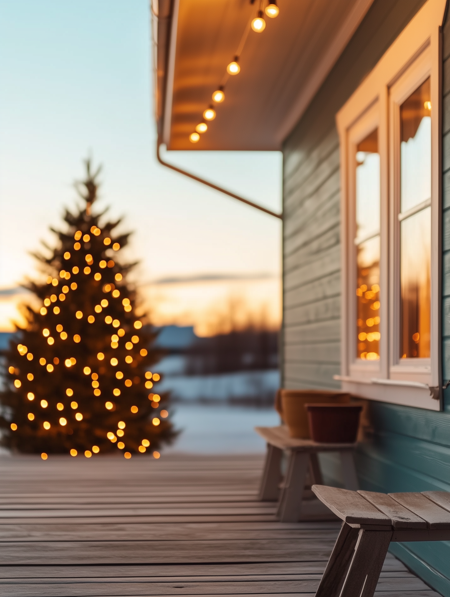 Serene Winter Porch with Christmas Tree