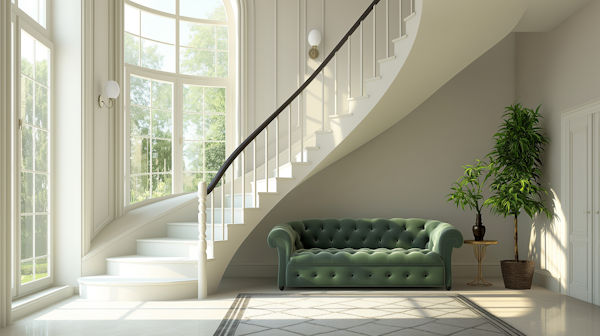 Elegant Interior with Velvet Sofa and Grand Staircase