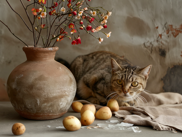 Tabby Cat with Ceramic Vase and Potatoes