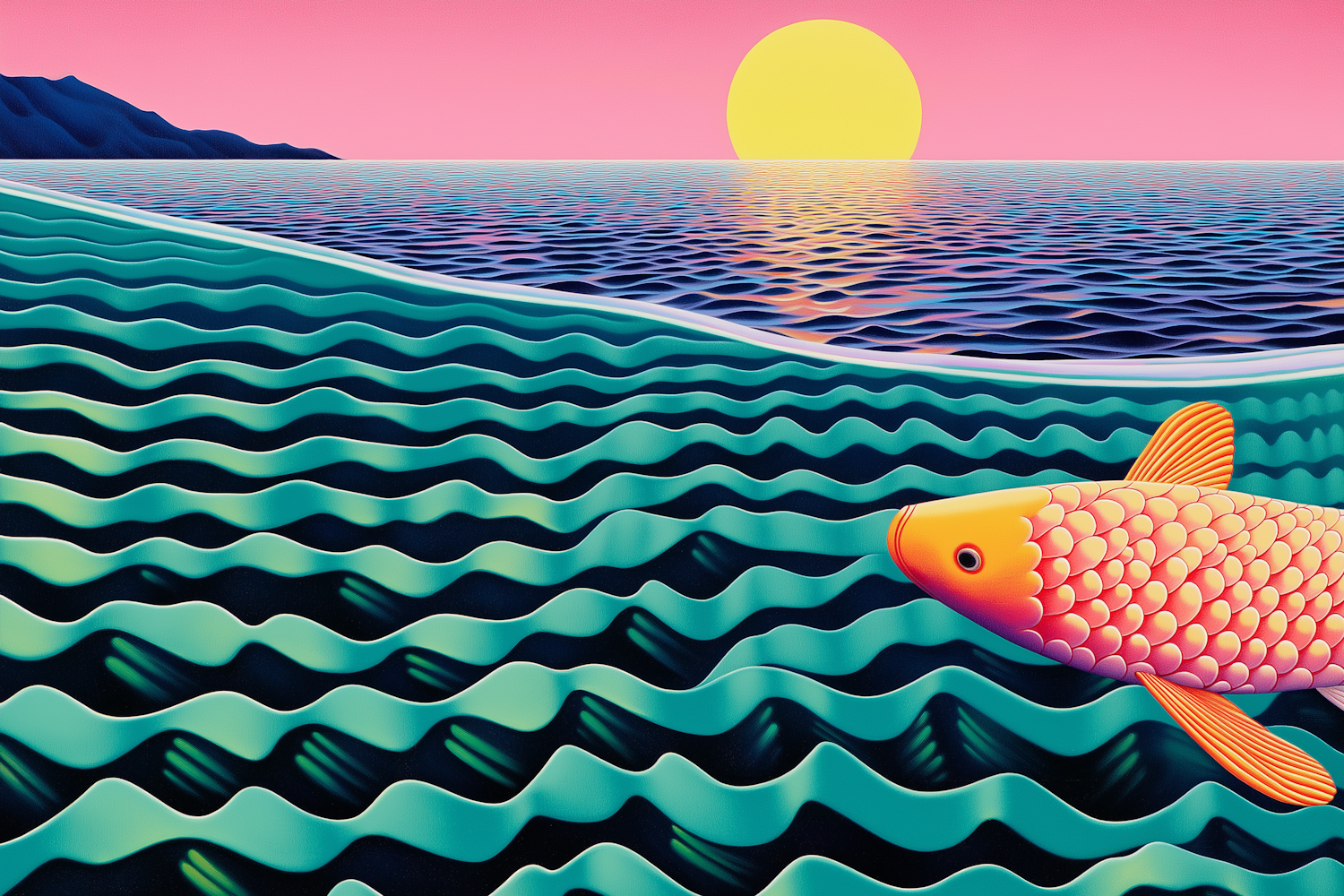 Stylized Seascape with Orange Fish