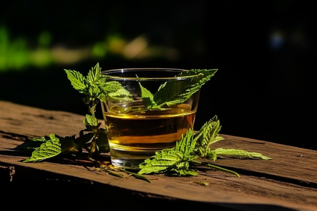 Rustic Tranquility: Golden Herbal Elixir with Fresh Mint