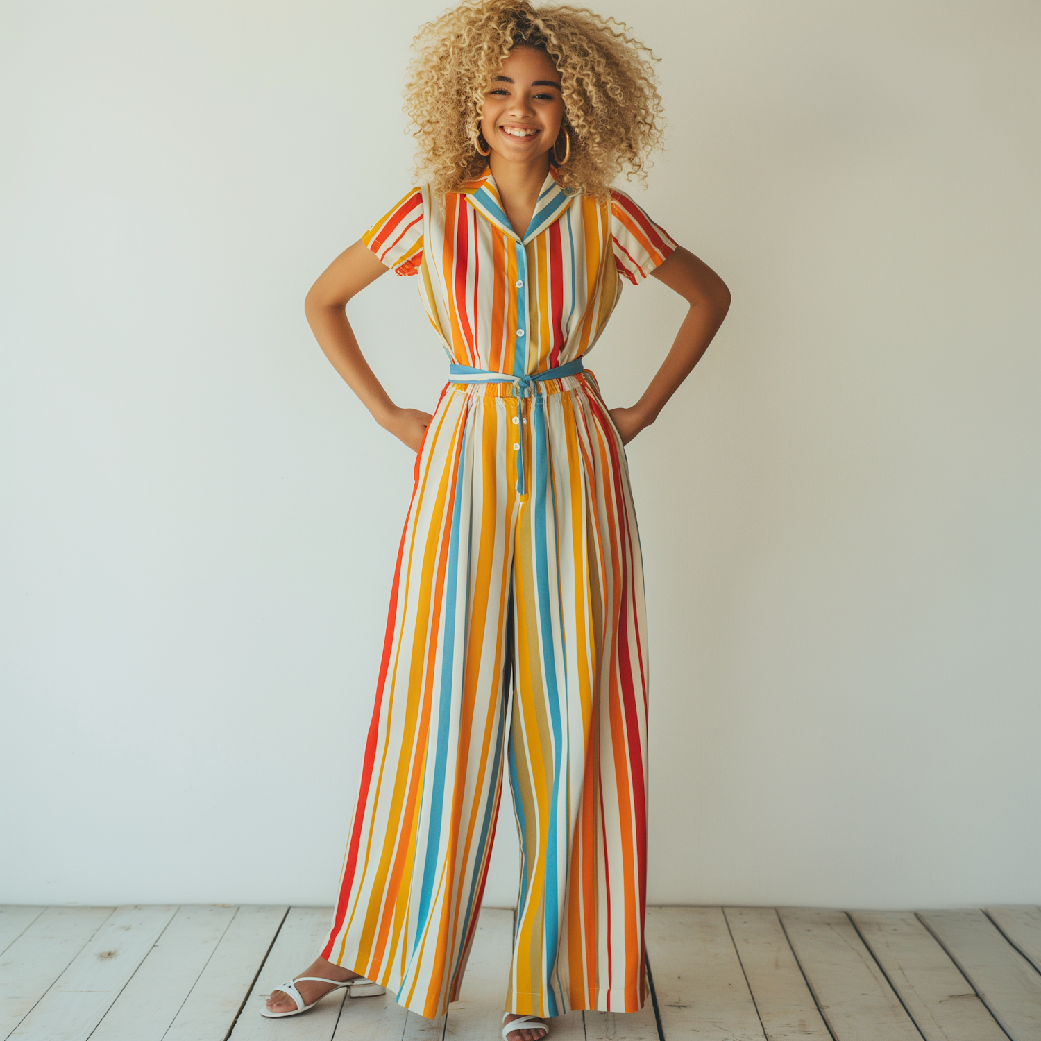 Joyful Woman in Colorful Jumpsuit