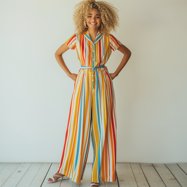 Joyful Woman in Colorful Jumpsuit