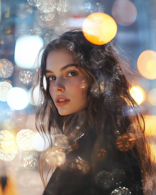 Serene Woman with Bokeh Lights