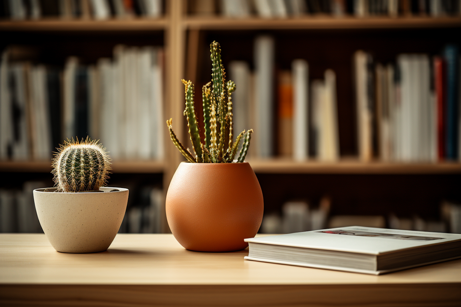 Serenity in Study: Twin Cacti on Wooden Desk