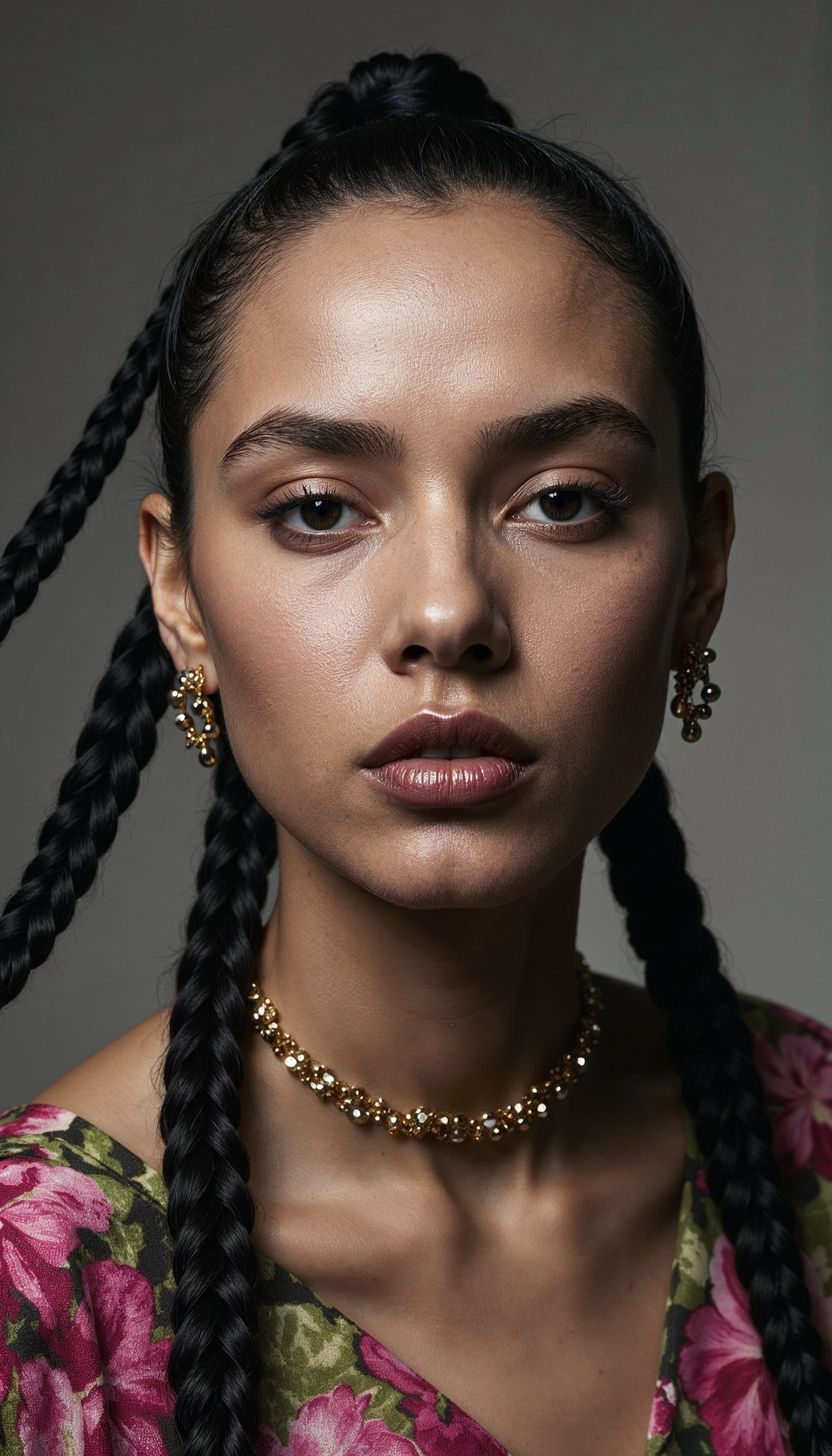 Portrait of a Woman with Braids and Gold Jewelry