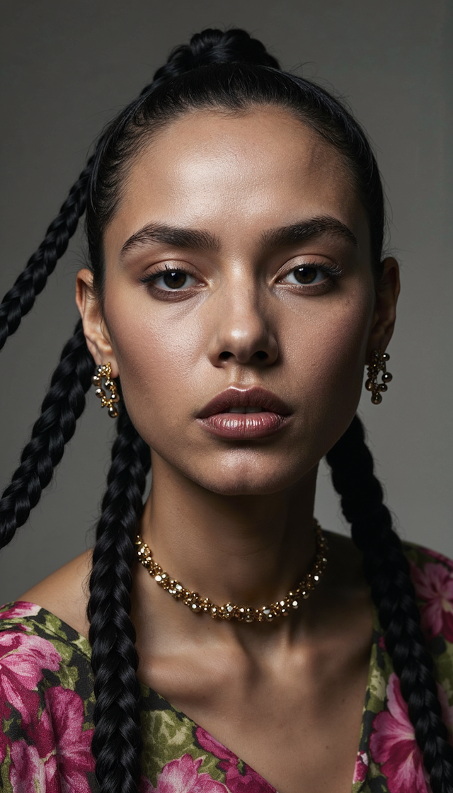 Portrait of a Woman with Braids and Gold Jewelry