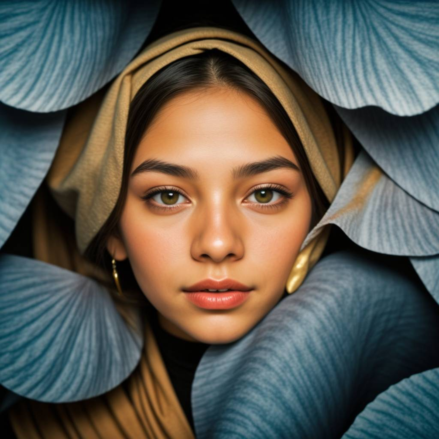 Serene Portrait of a Woman with Blue Floral Backdrop