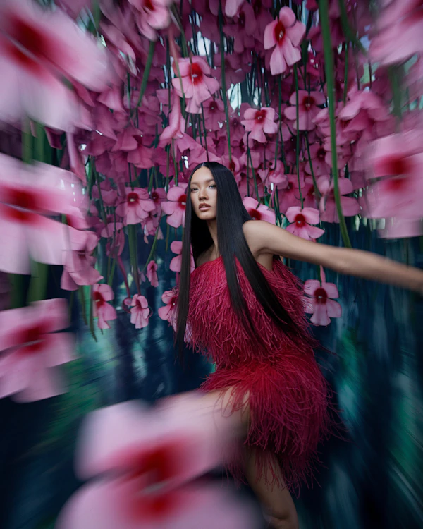 Woman in Red Dress with Pink Flowers