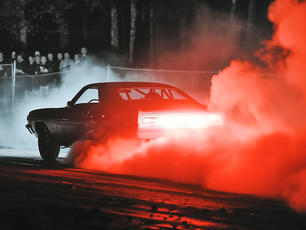 Dramatic Muscle Car Burnout at Night Race Track