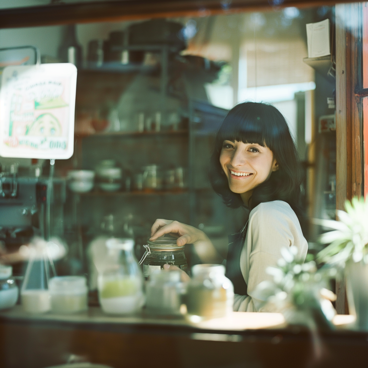 Woman with Jar Through Glass Pane