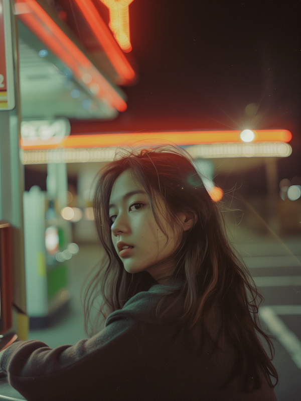 Contemplative Young Asian Woman with Neon Bokeh Background