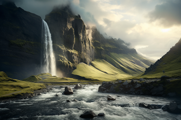 Mystical Sunlit Waterfall Valley