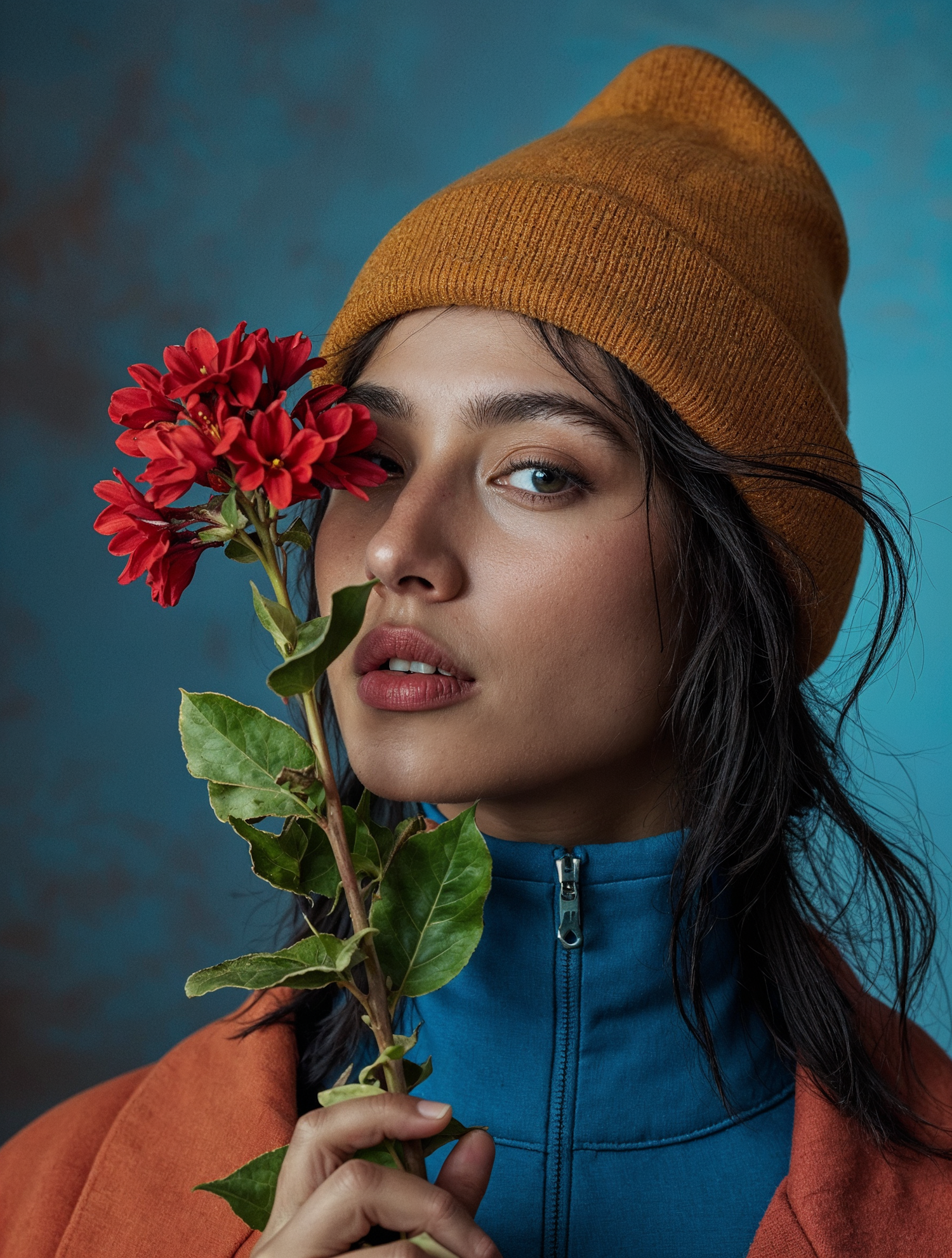 Contemplative Portrait with Red Flower