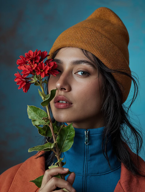 Contemplative Portrait with Red Flower