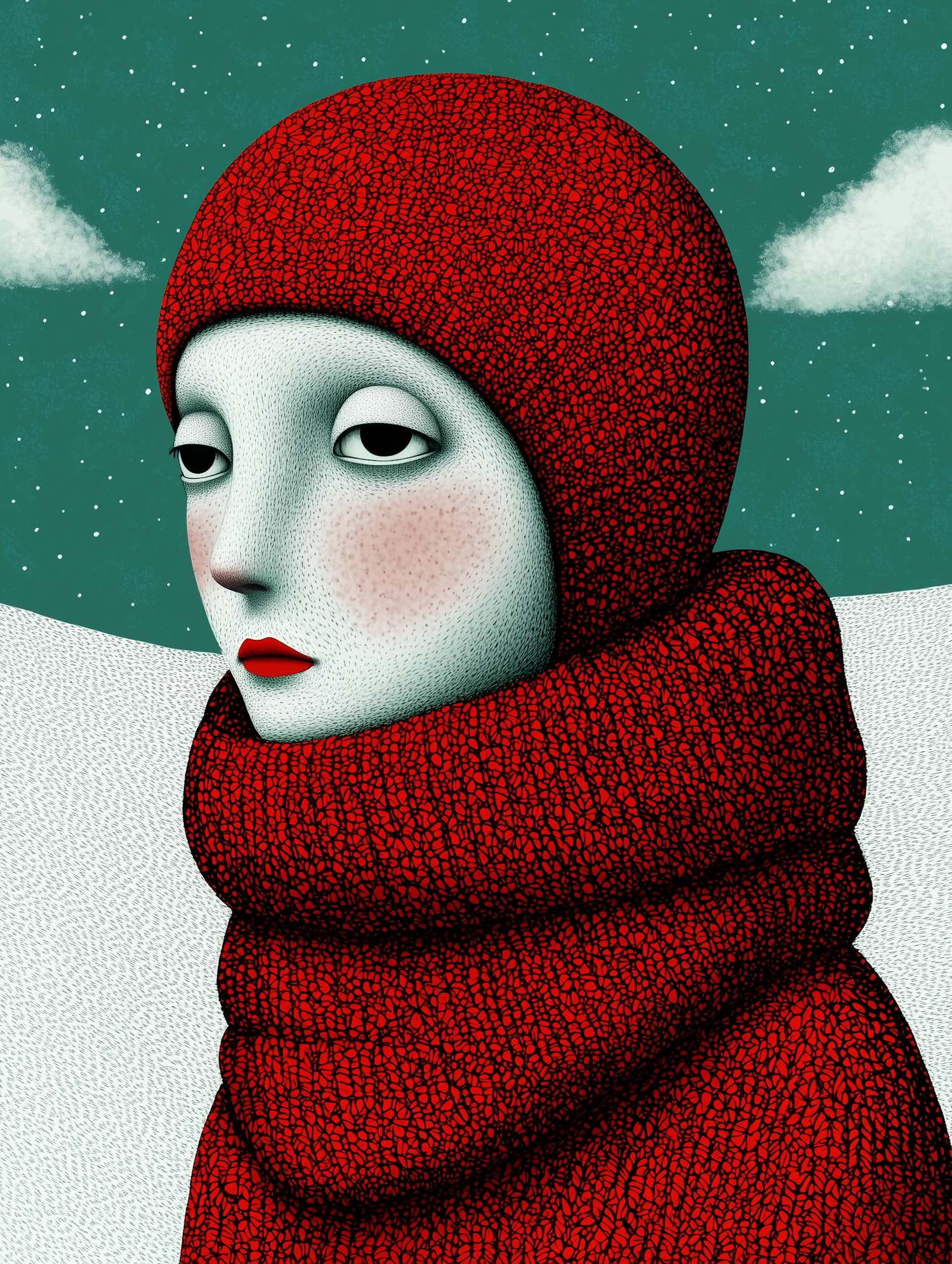 Stylized Figure with Red Hat and Scarf